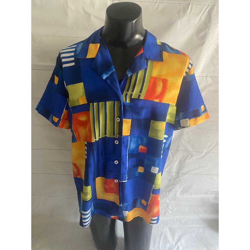 BRENDA GOODE Colorful  Short Sleeve Button Up  Blouse Women’s X-Large USA Made
